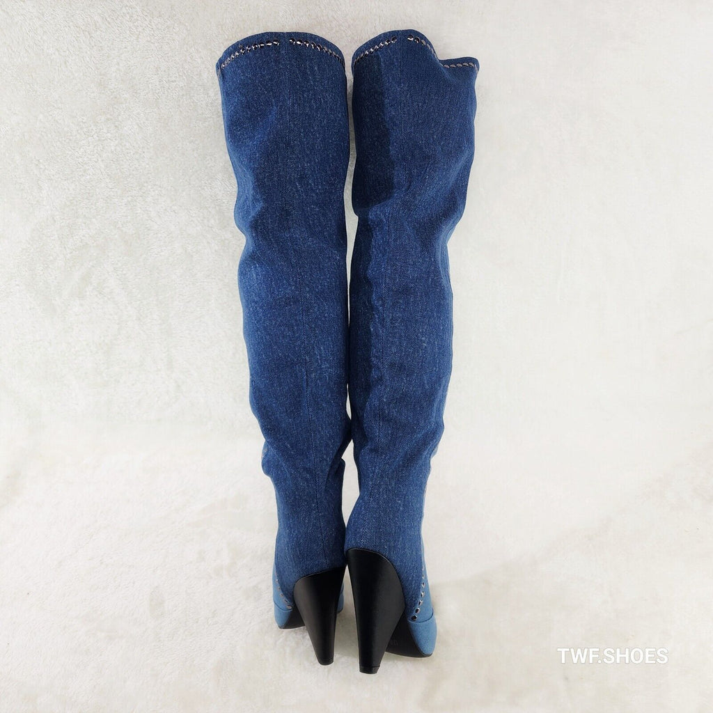 Western Flare Denim Boots Cone Heels Button Studs OTK Pull On Thigh High Boot