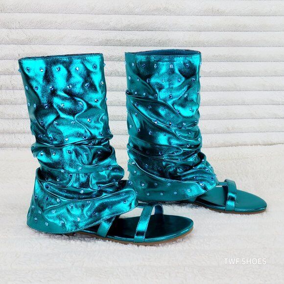 Fabulous Metallic Green Mermaid Upper & Rhinestones Sandal Slouch Boots Shooties - Totally Wicked Footwear