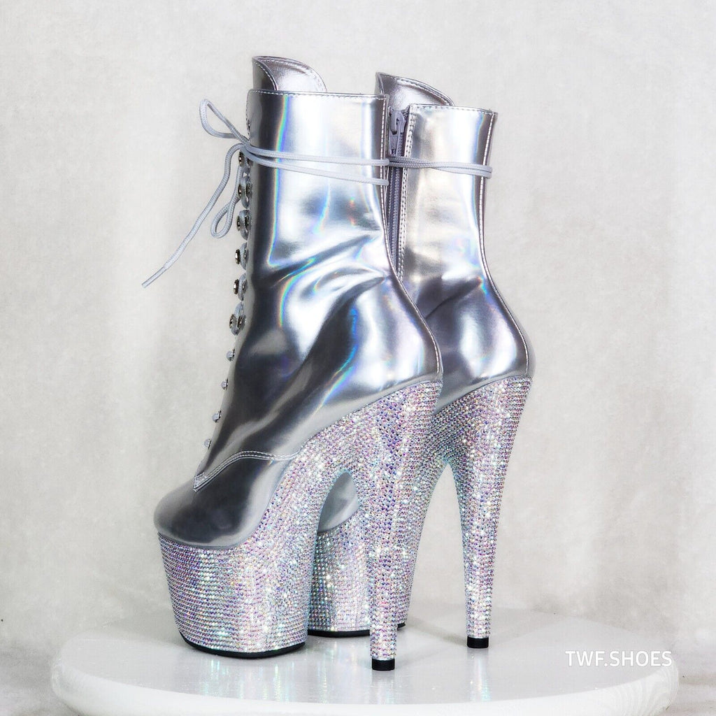 Bejeweled Silver Rhinestone Platform Lace Up Ankle Boots 7" High Heels IN HOUSE - Totally Wicked Footwear