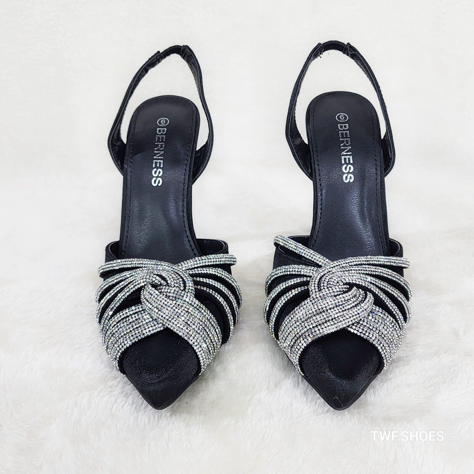 Elegance Slip on Slingback Black Satin Rhinestone Pointy Toe High Heels Shoes - Totally Wicked Footwear