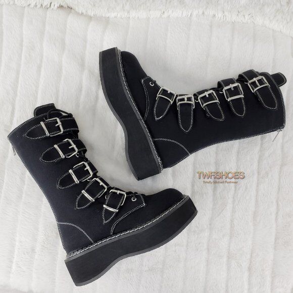 Emily 341 Black Canvas 2" Platform Mid Calf Combat Boots NY DEMONIA - Totally Wicked Footwear