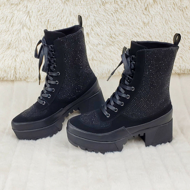 Queen Pin 2 Black Rhinestone Lace Up Platform Sneaker Combat Ankle Boots - Totally Wicked Footwear