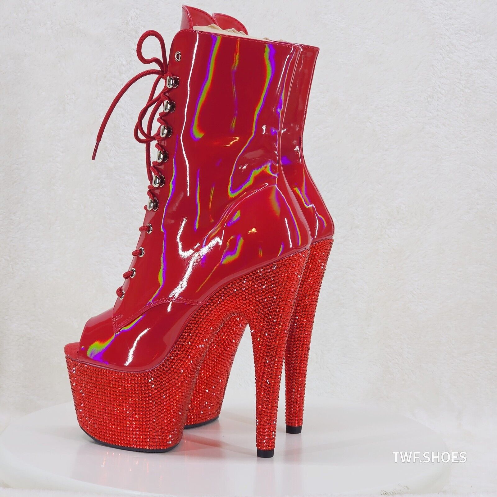 Bejeweled Red Rhinestone Platform Lace Up Ankle Boots 7" High Heels IN HOUSE - Totally Wicked Footwear