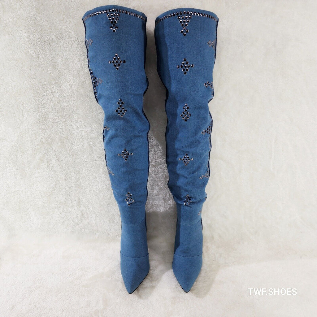 Western Flare Denim Boots Cone Heels Button Studs OTK Pull On Thigh High Boot