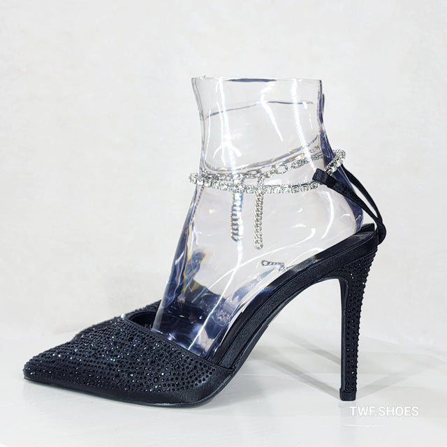 Simply Sexy Slip on Ankle Bracelet Black Rhinestone Pointy Toe High Heels Shoes