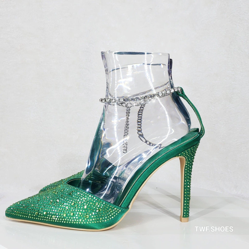 Simply Sexy Slip on Ankle Bracelet Green Rhinestone Pointy Toe High Heels Shoes