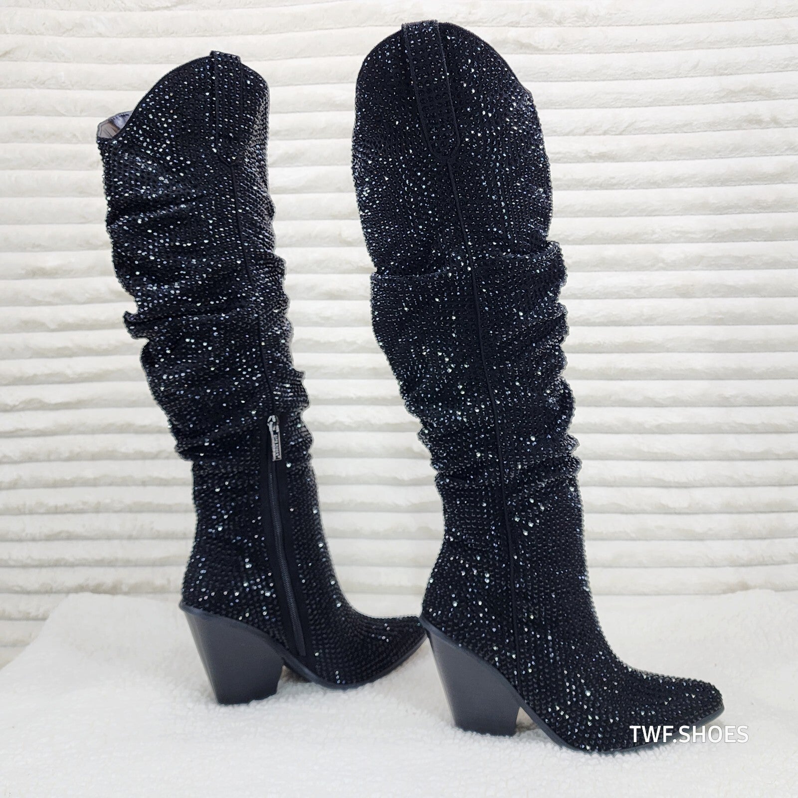 Cape Robbin Diamond Rider Black Rhinestone  Western Slouch Draped Knee Boots