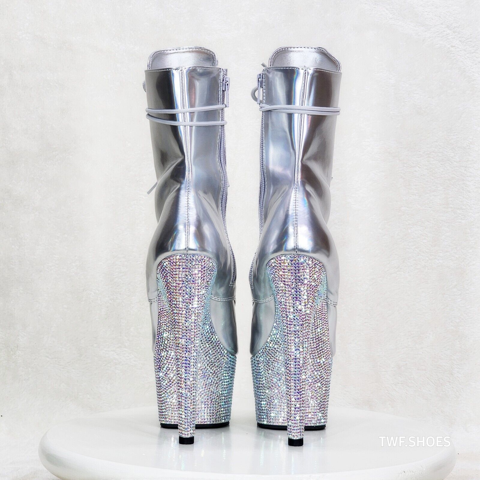 Bejeweled Silver Rhinestone Platform Lace Up Ankle Boots 7" High Heels IN HOUSE - Totally Wicked Footwear