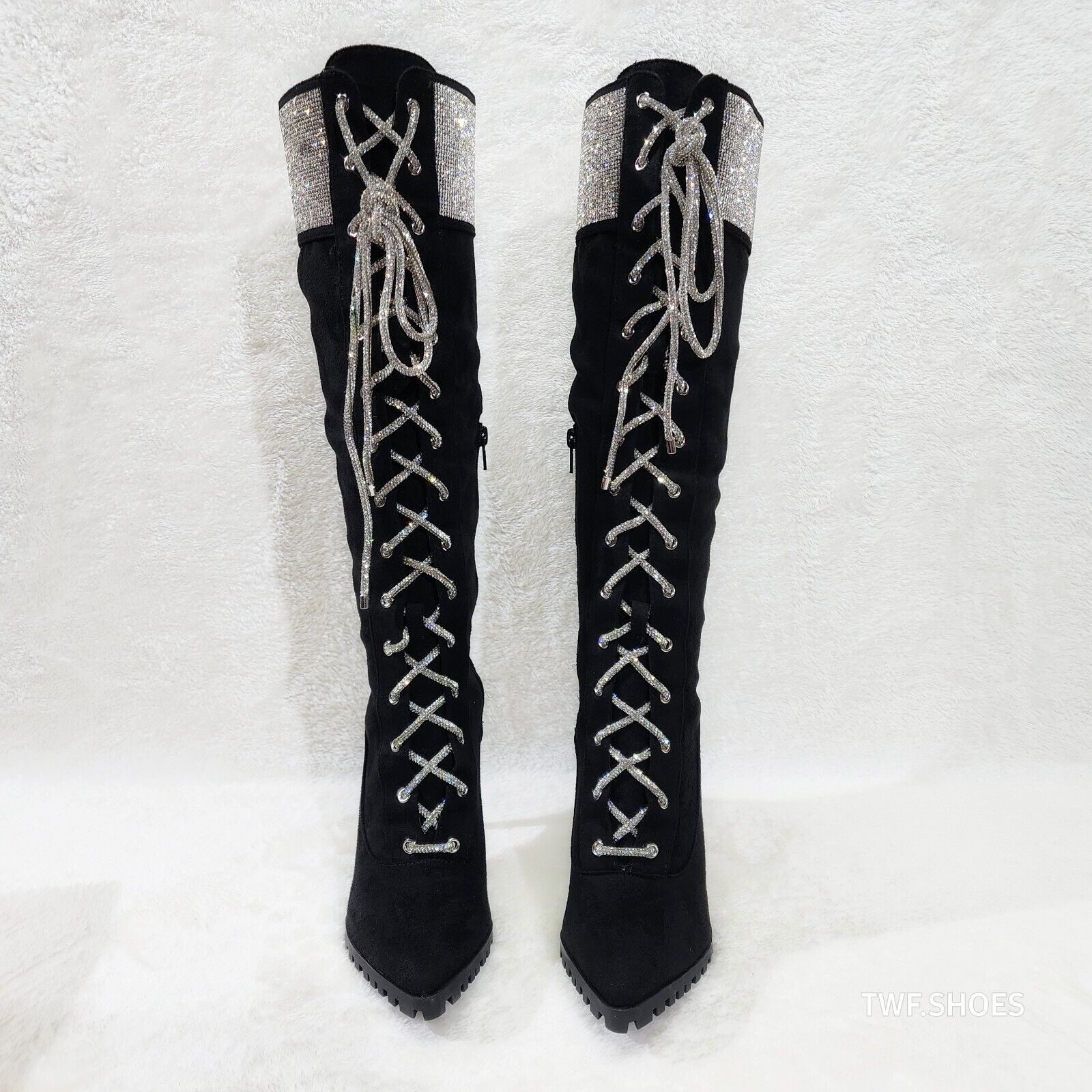 Queens FX Suede & Rhinestone Pointy Toe High Heels Stiletto Lace Up Knee Boots - Totally Wicked Footwear