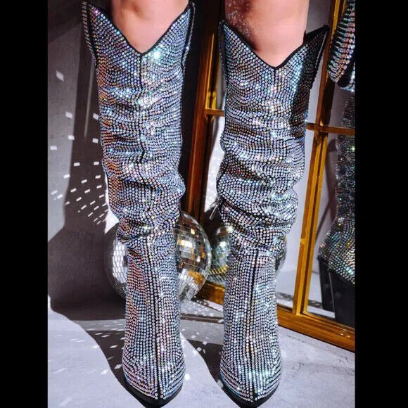 Cape Robbin Diamond Rider Rhinestone Glamour Western Slouch Draped Knee Boots - Totally Wicked Footwear