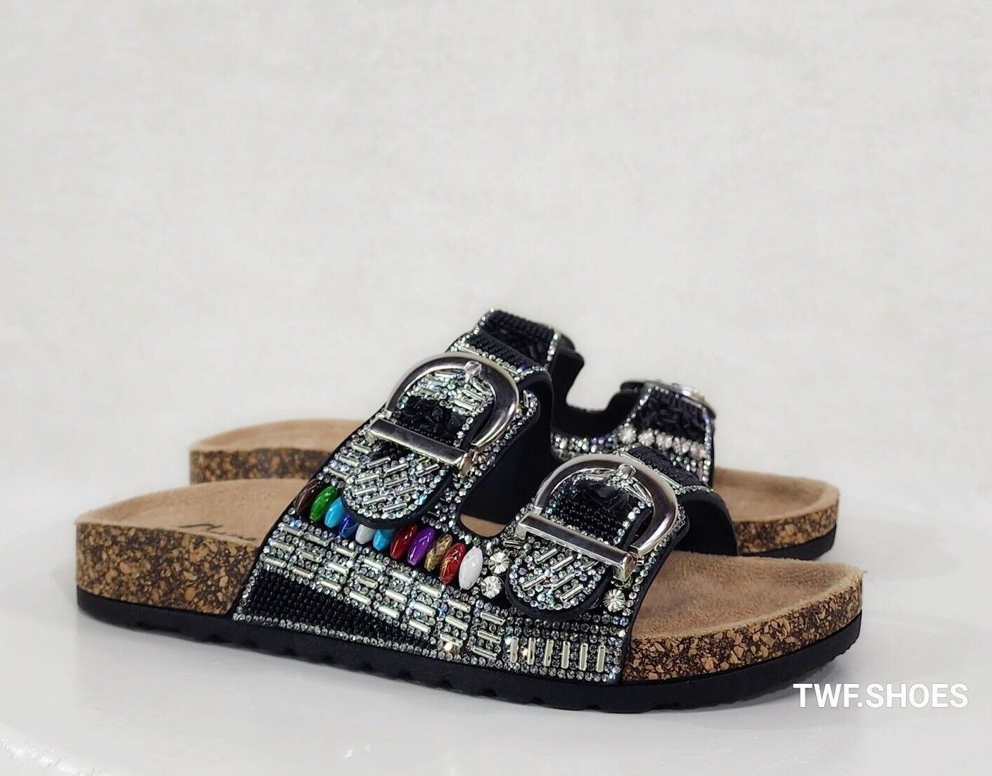 Zany Double Buckle Strap Rhinestone Beaded Slip on Mule Sandals - Totally Wicked Footwear
