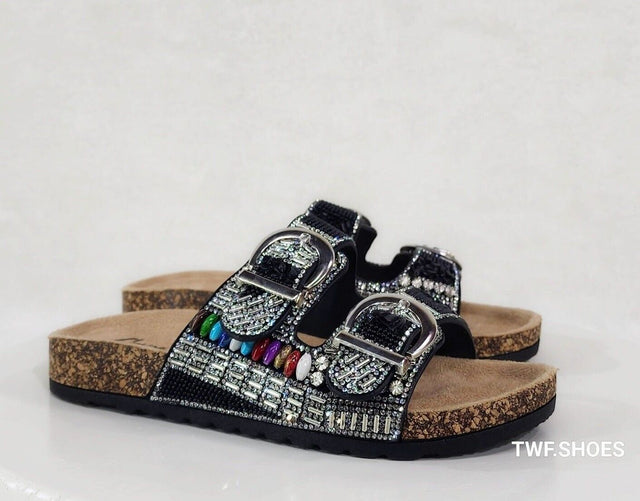 Zany Double Buckle Strap Rhinestone Beaded Slip on Mule Sandals