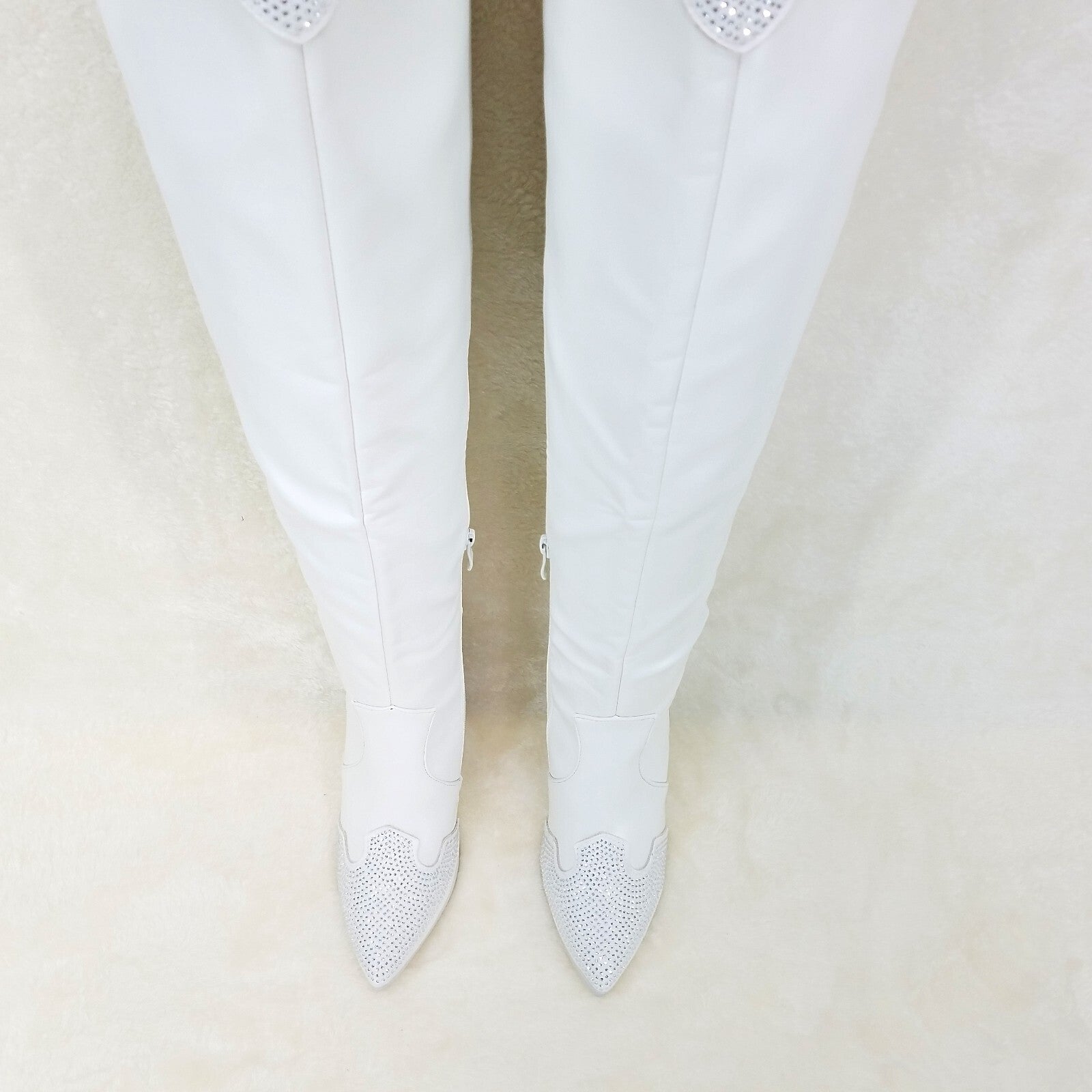 Primal Country Western Sexy White OTK Thigh Boots With Rhinestone Trims