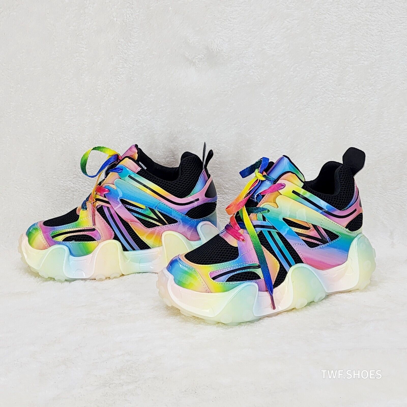 Anthony Wang Alien Black & Rainbow Hidden Wedge Platform Sneakers Tentacle Tread - Totally Wicked Footwear