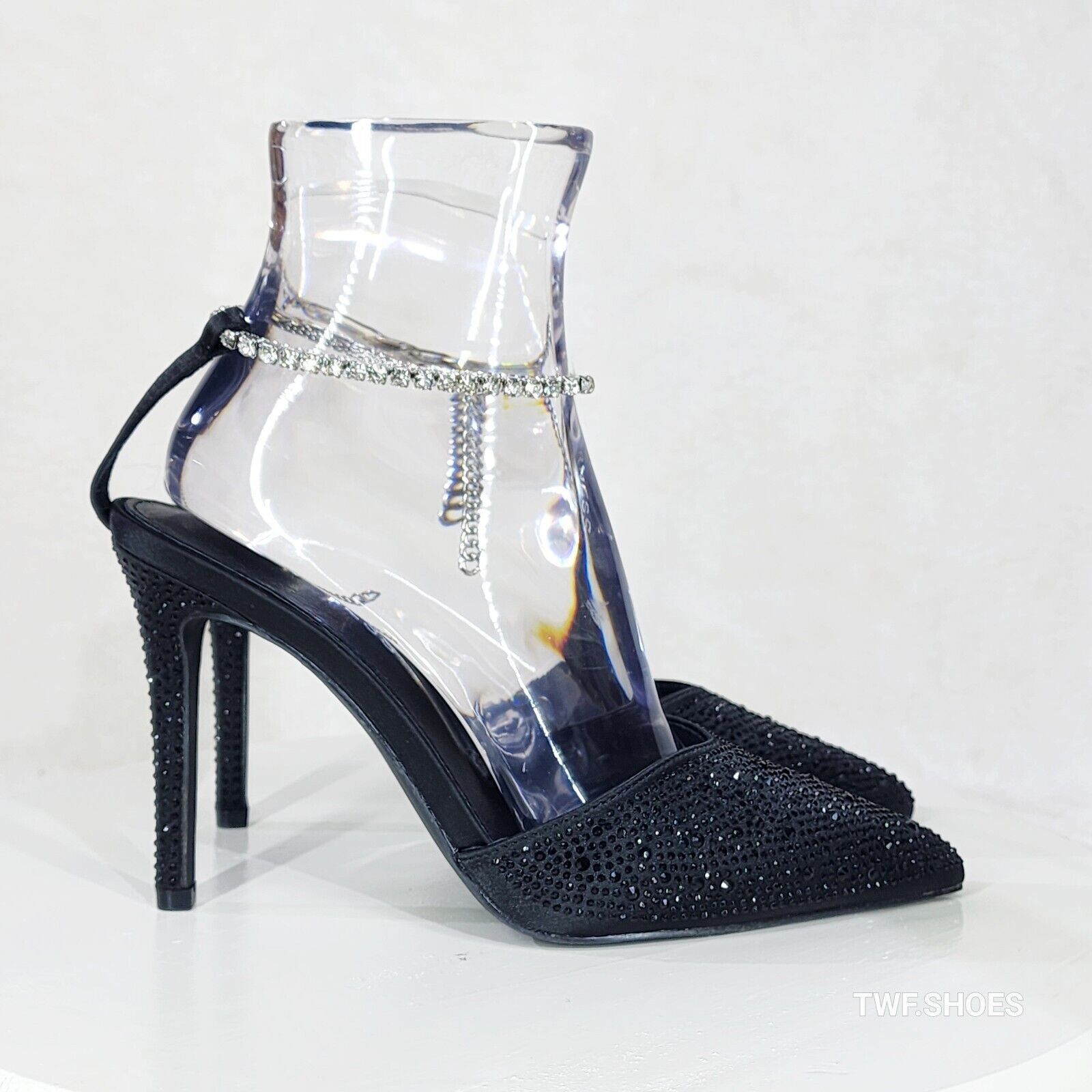 Simply Sexy Slip on Ankle Bracelet Black Rhinestone Pointy Toe High Heels Shoes - Totally Wicked Footwear