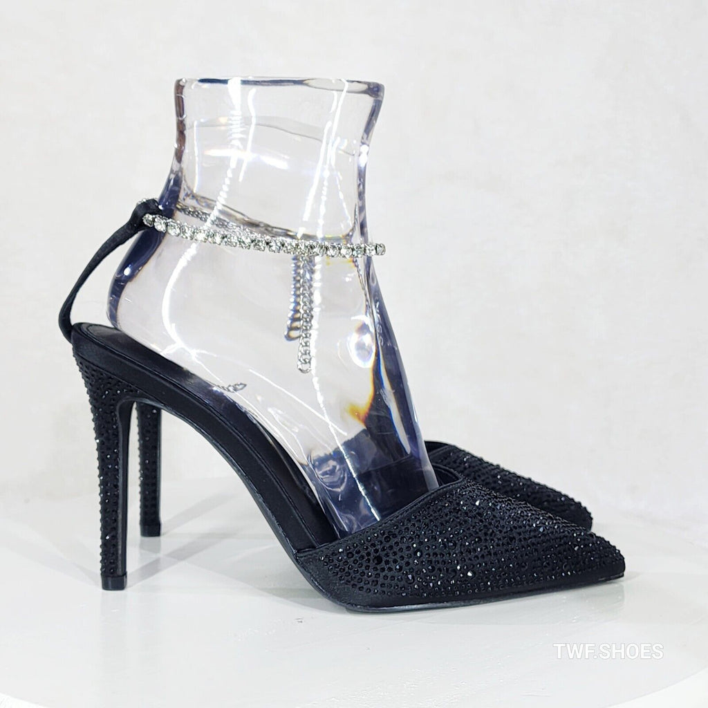 Simply Sexy Slip on Ankle Bracelet Black Rhinestone Pointy Toe High Heels Shoes