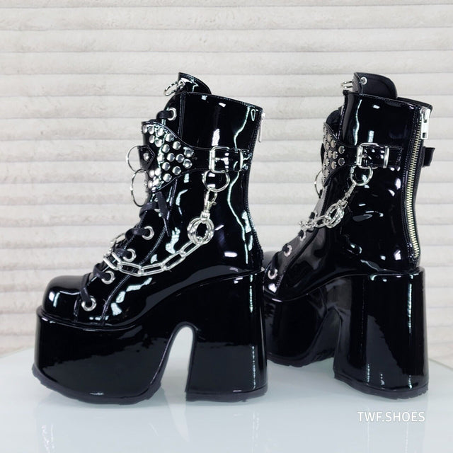 Camel 65 Stacked Black Patent Platform Goth Punk Calf Boot IN STOCK NY DEMONIA - Totally Wicked Footwear