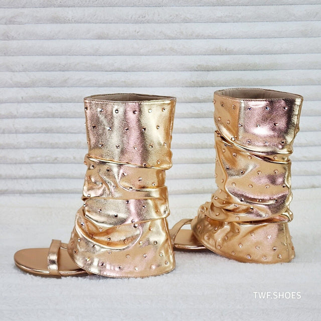 Fabulous Metallic Rose Gold Upper & Rhinestones Sandal Slouch Boots Shooties - Totally Wicked Footwear