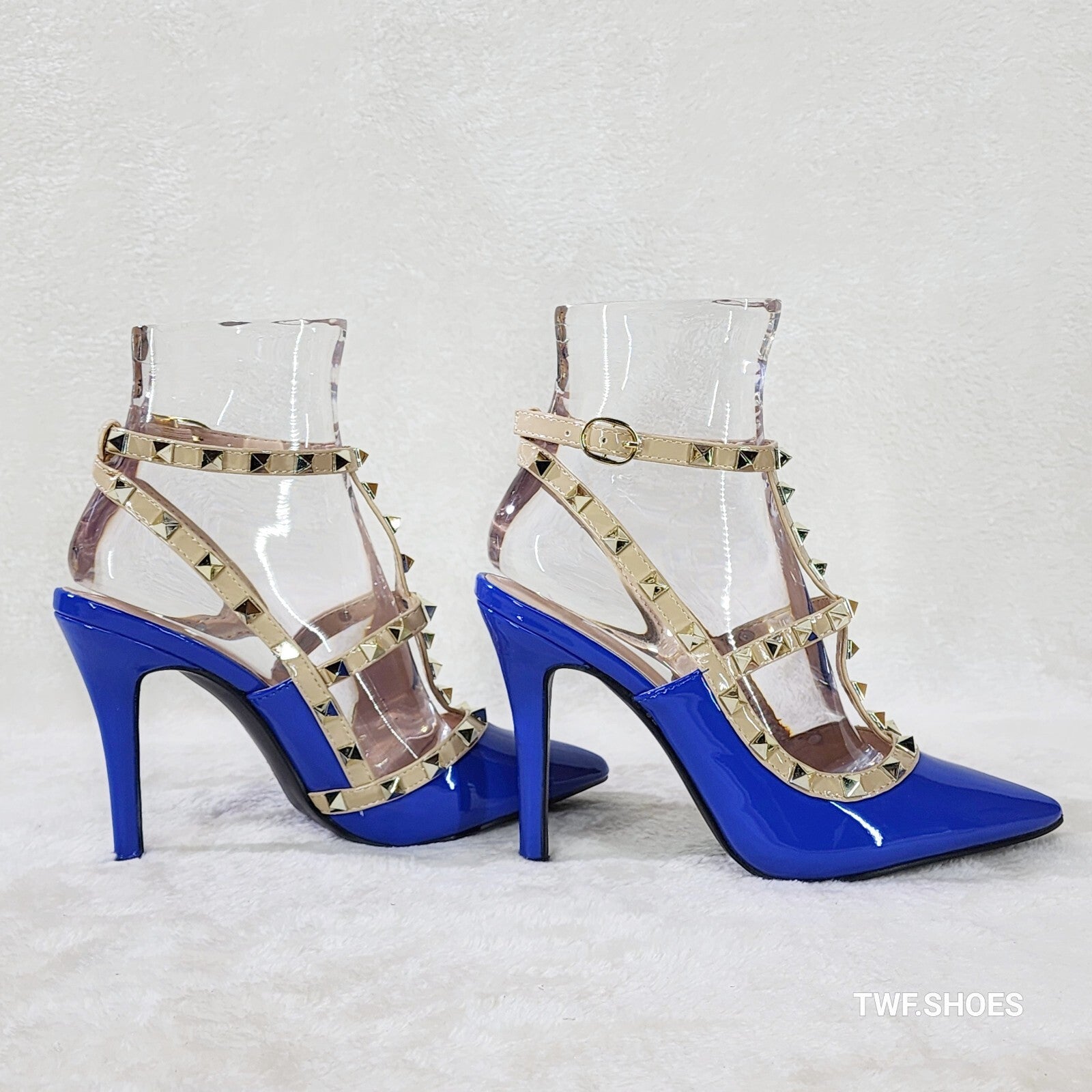 Caged Royal Blue Studded Strappy Stiletto High Heel Shoes