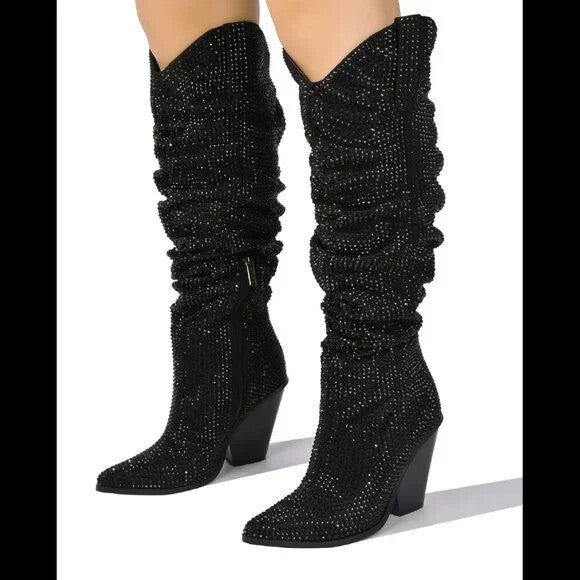 Cape Robbin Diamond Rider Black Rhinestone  Western Slouch Draped Knee Boots