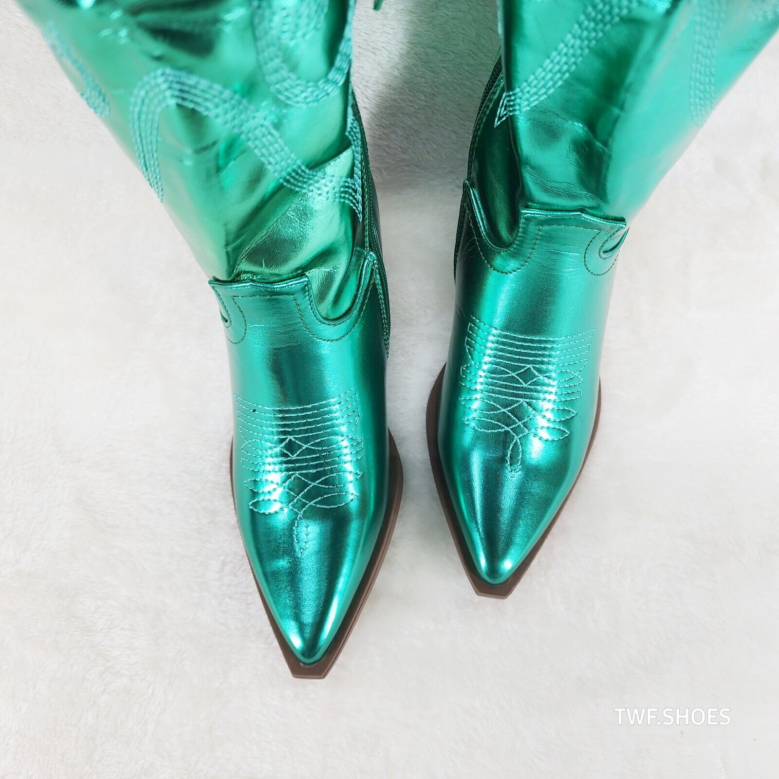 Country Disco Cowboy Metallic Green Western Cowgirl OTK Thigh Boots - Totally Wicked Footwear