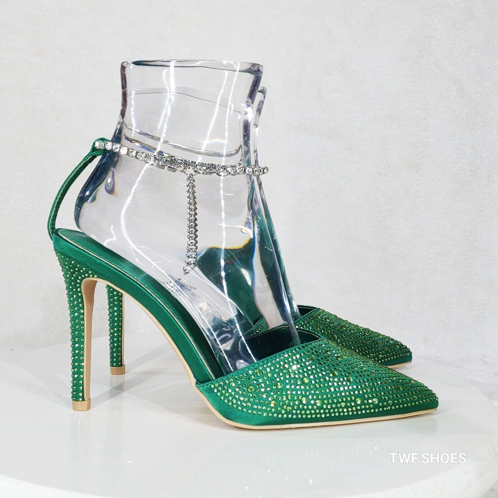 Simply Sexy Slip on Ankle Bracelet Green Rhinestone Pointy Toe High Heels Shoes