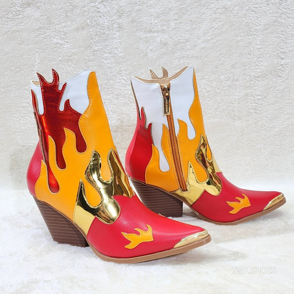 Western Flame Cowgirl Ankle Boots Red Orange Fire Color Block Country Rock - Totally Wicked Footwear