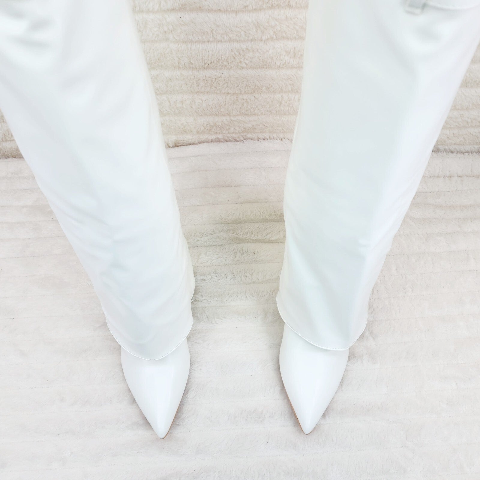 Paris White Skirted Fold Over 3.5" Block Heel Knee High Boots