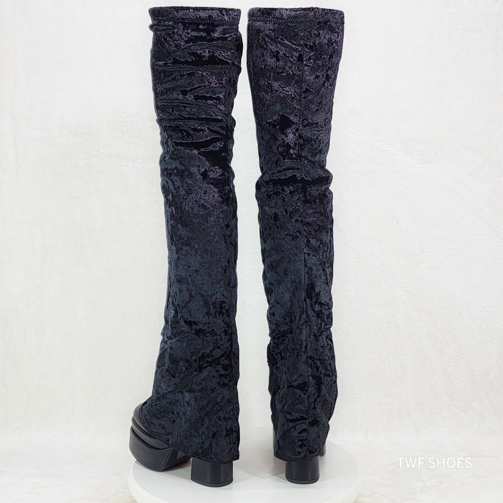 Unique Thigh High Black Velvet Fold over Skirted Chunky Heel Platform Boots - Totally Wicked Footwear