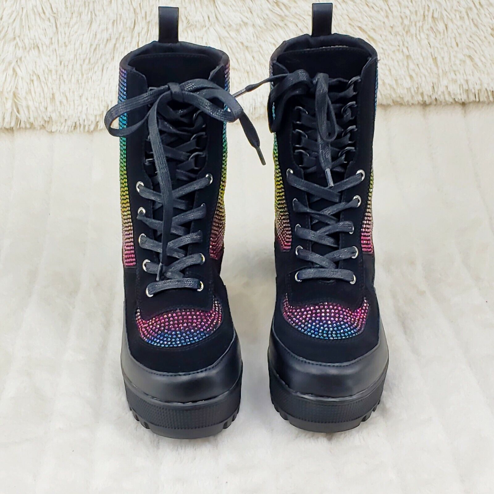 Queen Pin 2 Rainbow Rhinestone Lace Up Platform Combat Ankle Boots Restocked - Totally Wicked Footwear