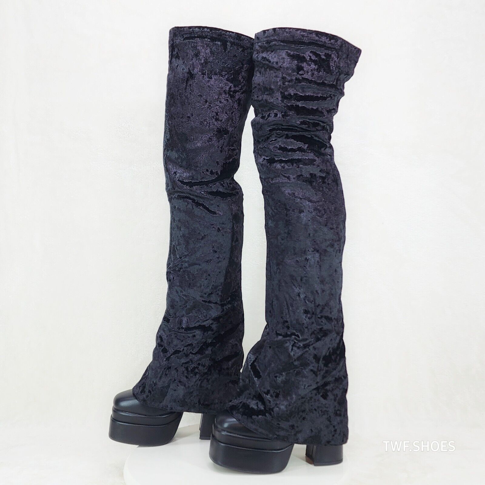 Unique Thigh High Black Velvet Fold over Skirted Chunky Heel Platform Boots - Totally Wicked Footwear