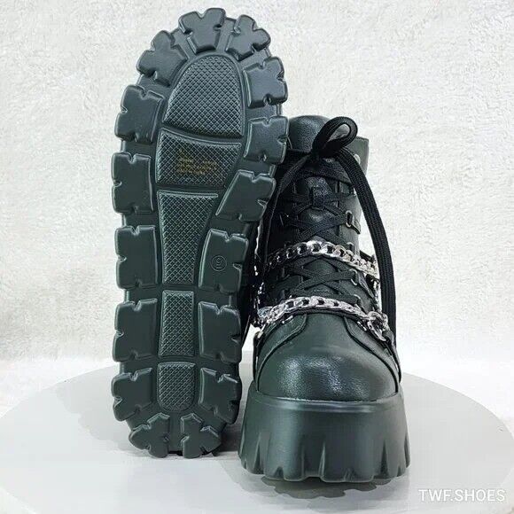 Emo Stomp 2" Platform Stomper Ankle Boots With Chain Design Faux Leather Green - Totally Wicked Footwear