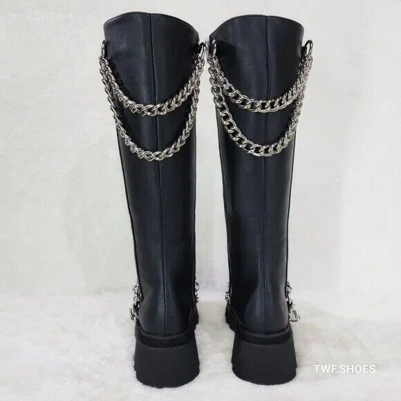 Renegade Lace Up Draped Chain Combat Knee High Boots Goth Punk Rocker Biker Boot