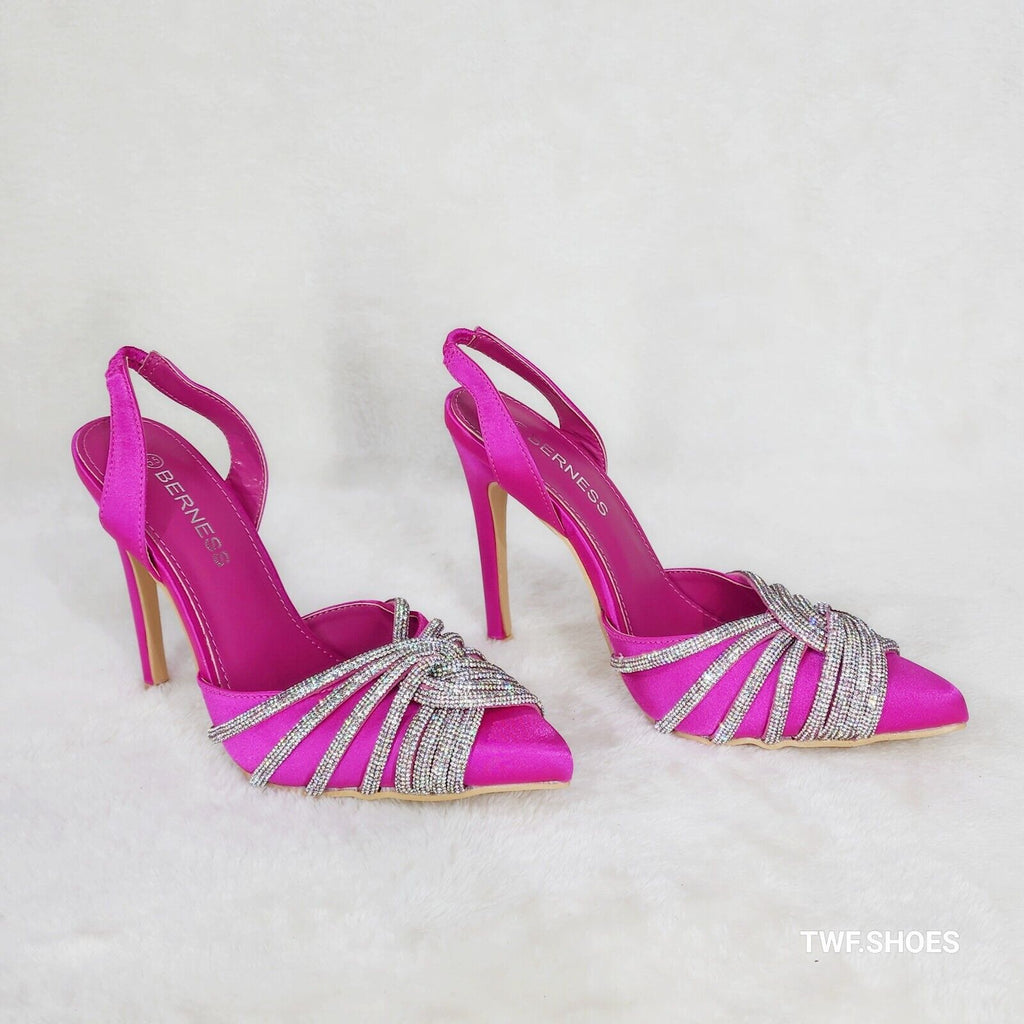 Elegance Slip on Slingback Fuchsia Satin Rhinestone Pointy Toe High Heels Shoes