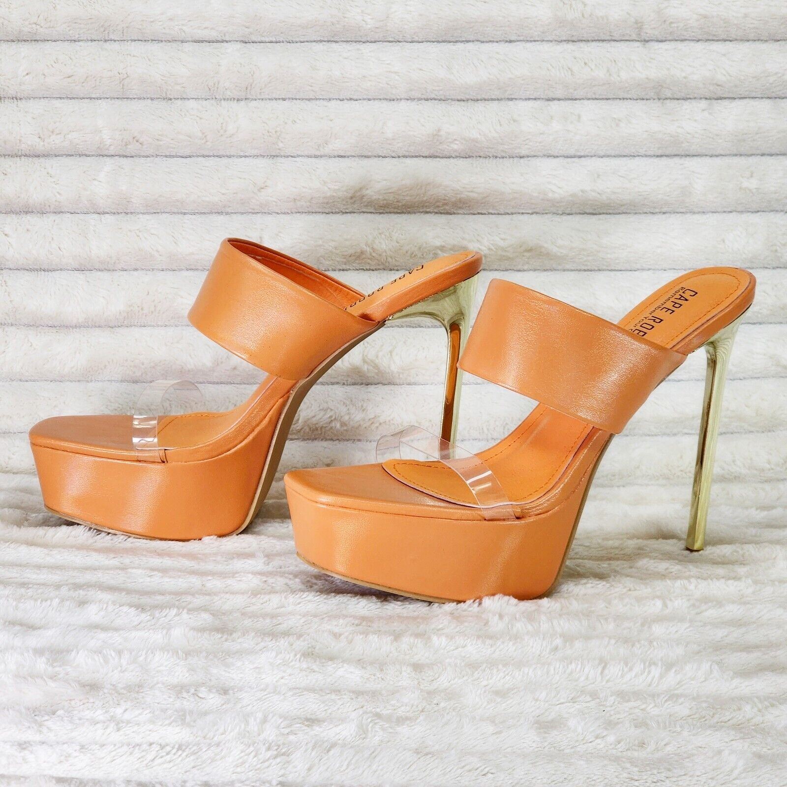 Razz Slip On High Heel Clogs Mules Slides Orange Gold Tone Stiletto - Totally Wicked Footwear
