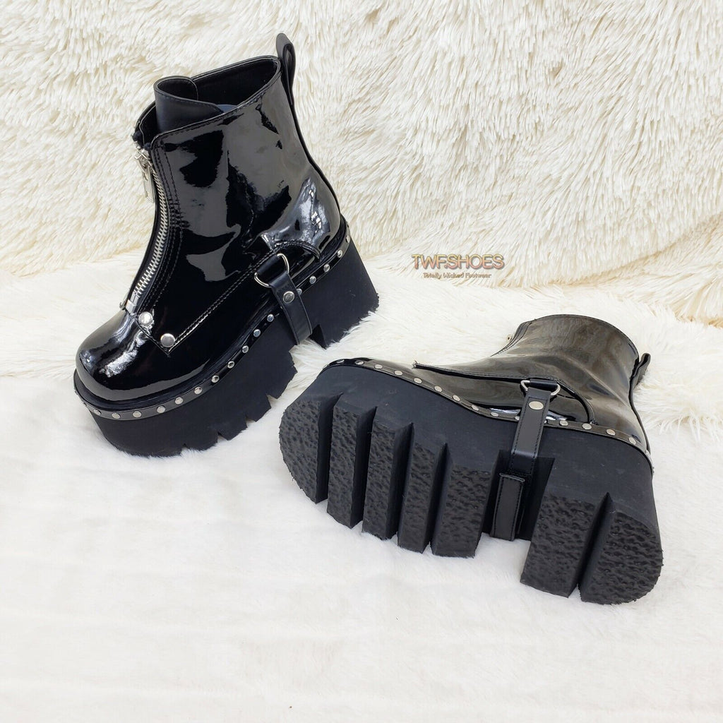 Ashes 100 Black Patent 3.5" Platform Heel Combat Goth Punk Boot DEMONIA - Totally Wicked Footwear