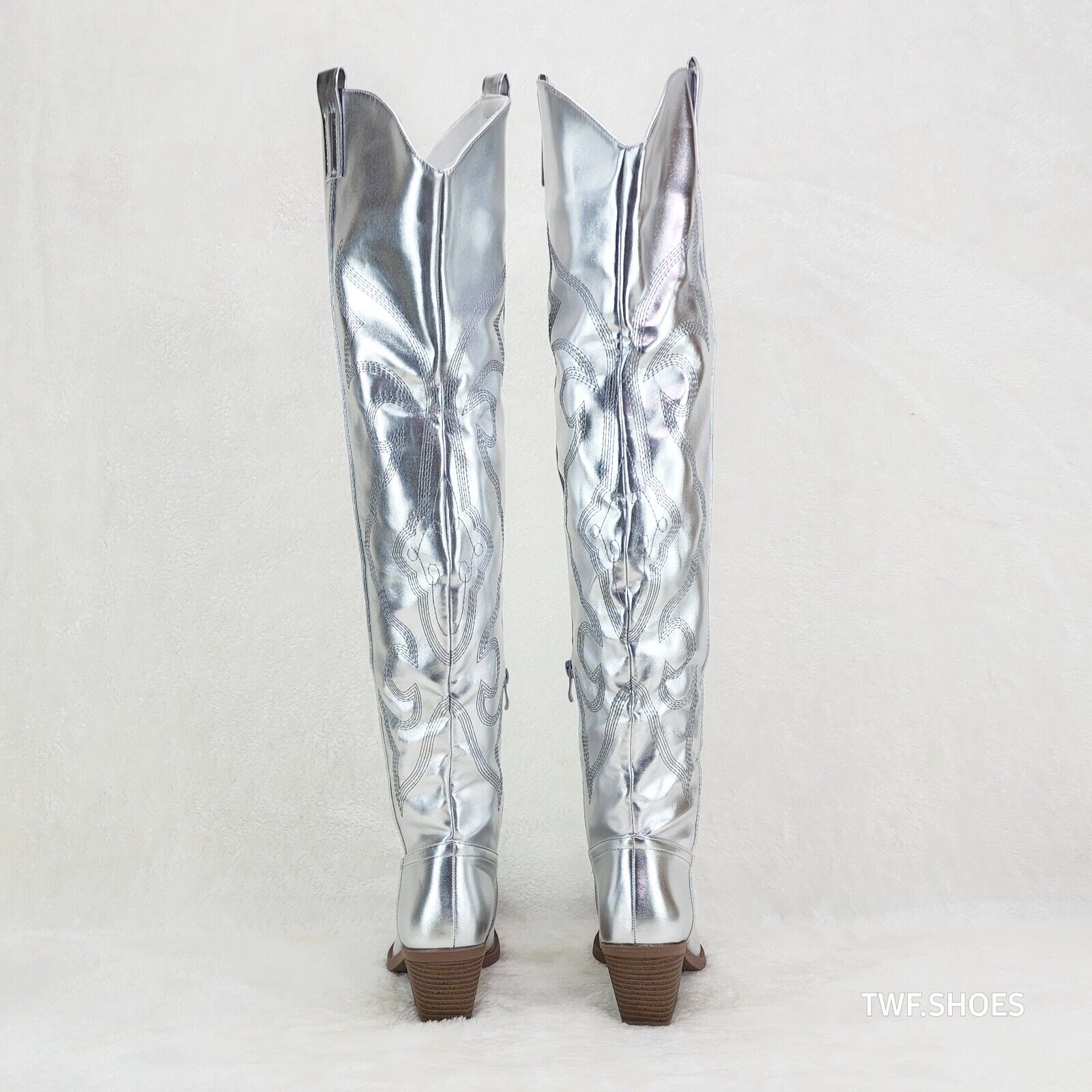 Country Disco Cowboy Metallic Silver Western Cowgirl OTK Thigh Boots - Totally Wicked Footwear