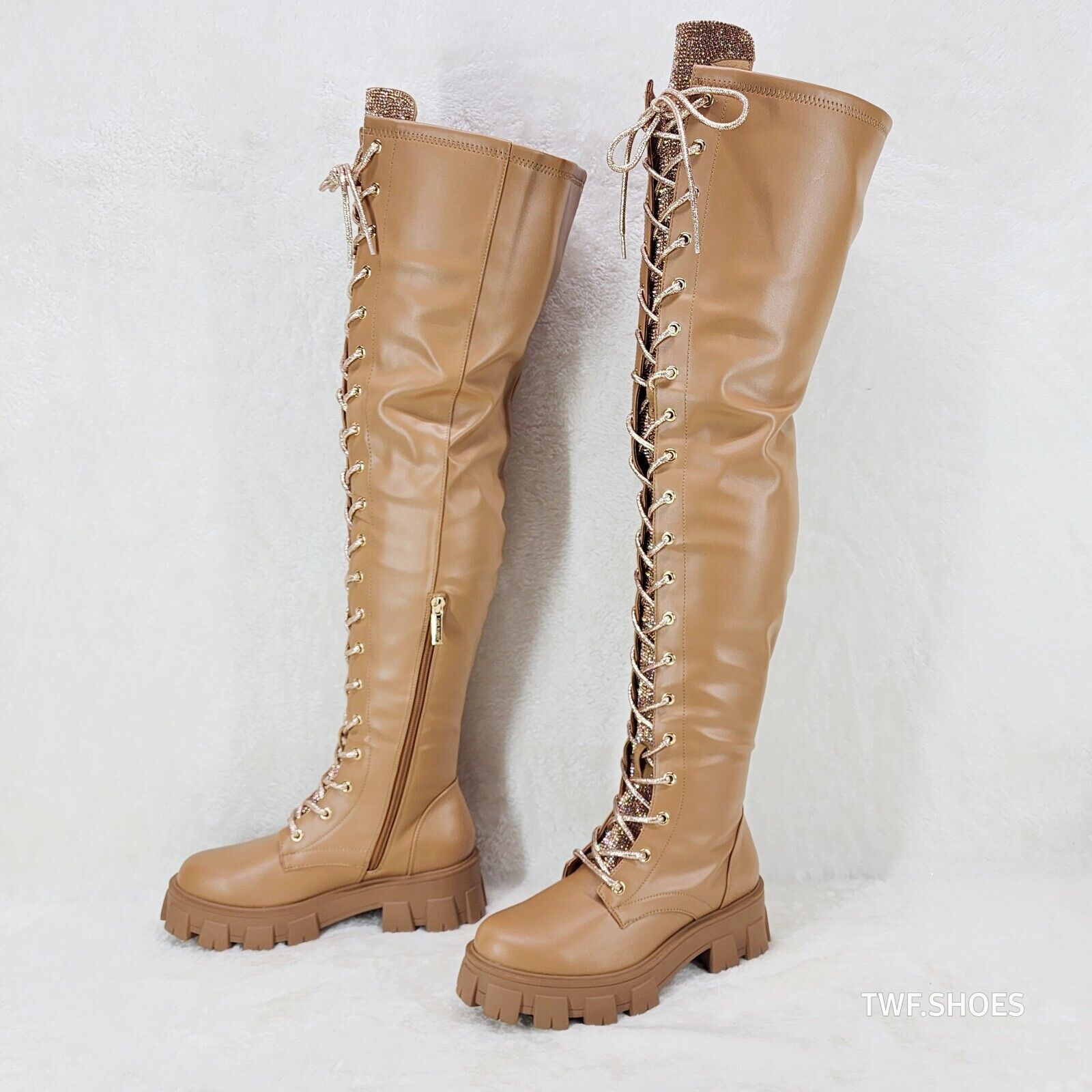 Roscoe Rose Gold Tan Combat Thigh High Boots Rose Gold Rhinestone Tongue - Totally Wicked Footwear