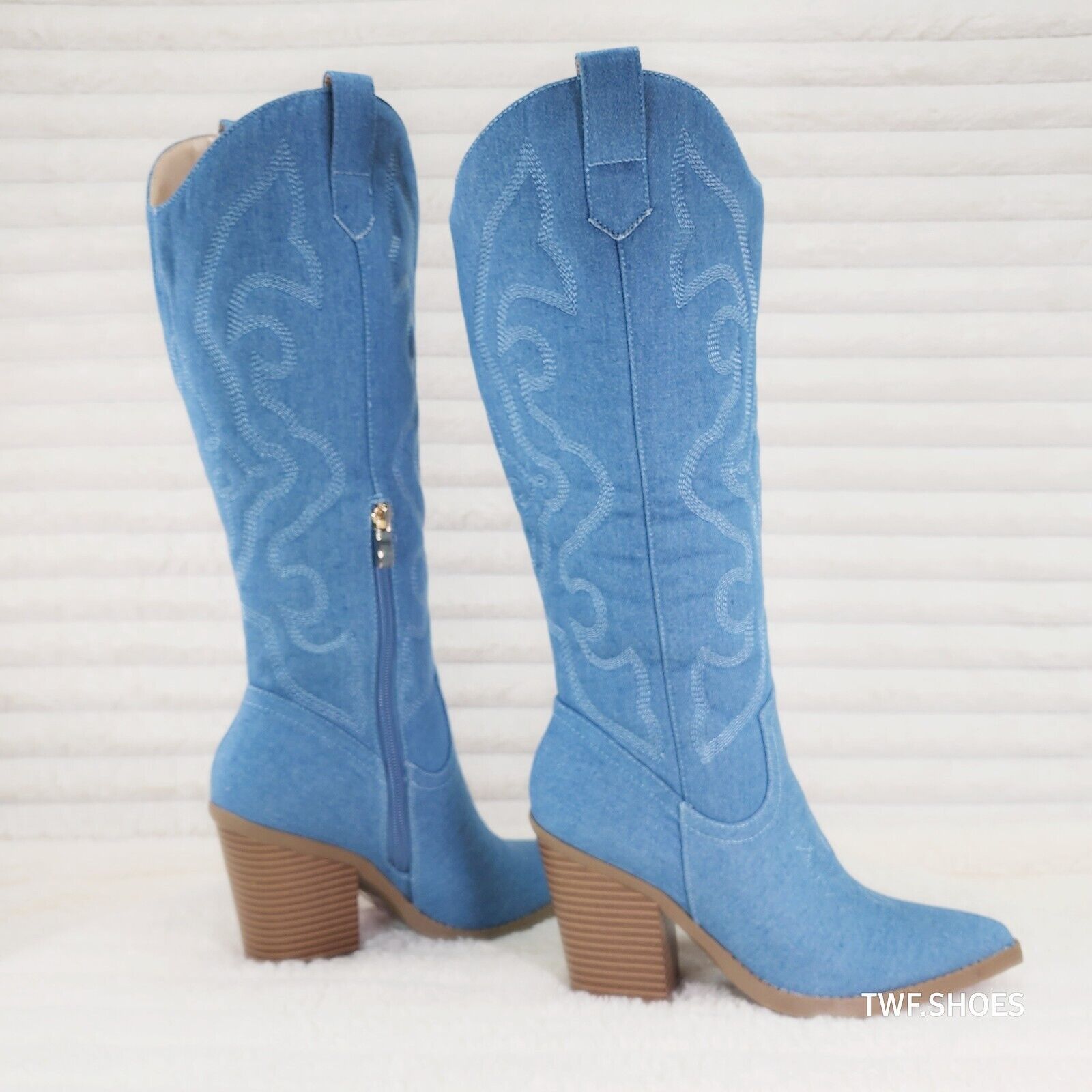 Electric Cowboy Medium Denim Stitched Western Knee High Cowgirl Boots - Totally Wicked Footwear