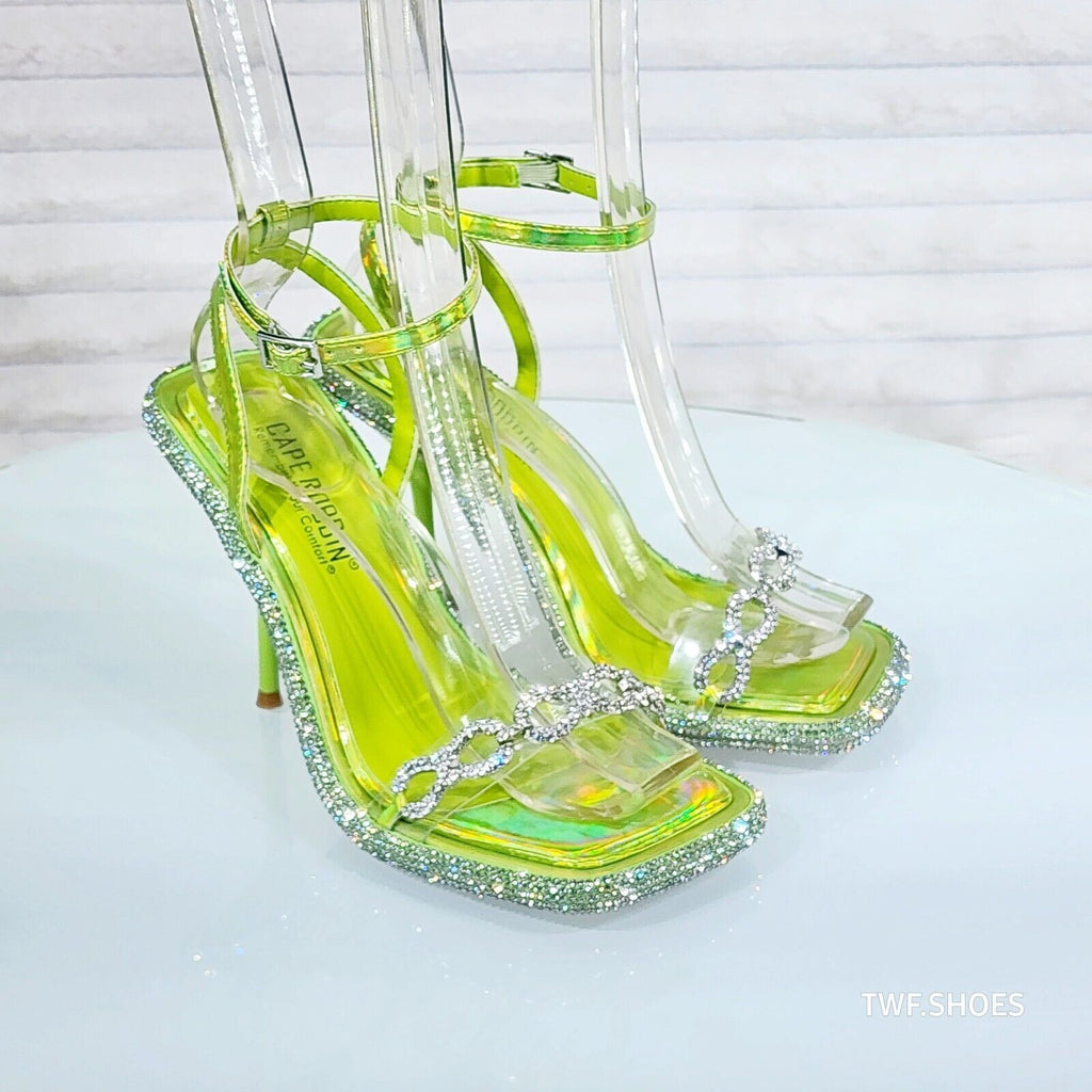 Mini .5" Rhinestone Platform Lime Green Hologram Upper Wrap Strap Heels Baily - Totally Wicked Footwear