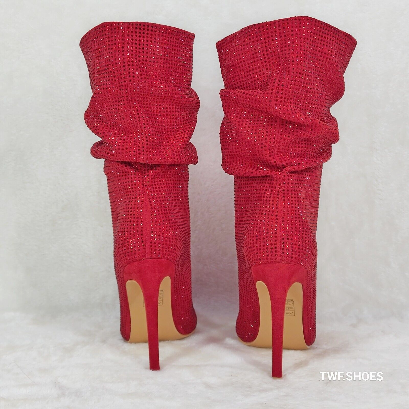 Resolve Sparkling Red Rhinestone High Heel Slouch Calf Boots New Years Bling - Totally Wicked Footwear