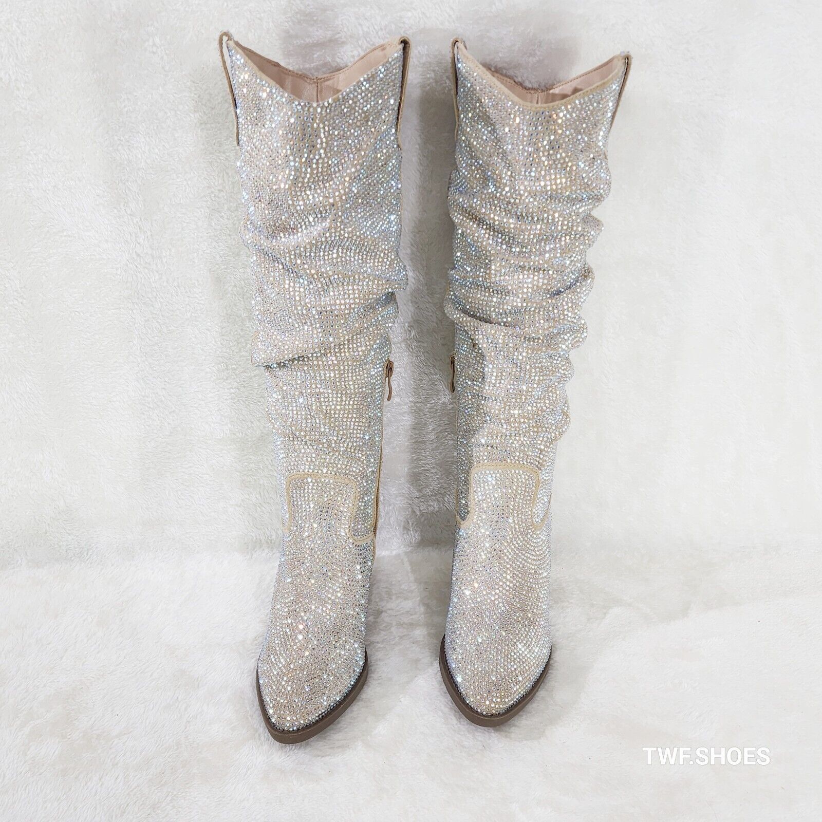Angel Rider Beige W/ Rhinestones Country Glam Western Cowgirl Slouch Knee Boots - Totally Wicked Footwear