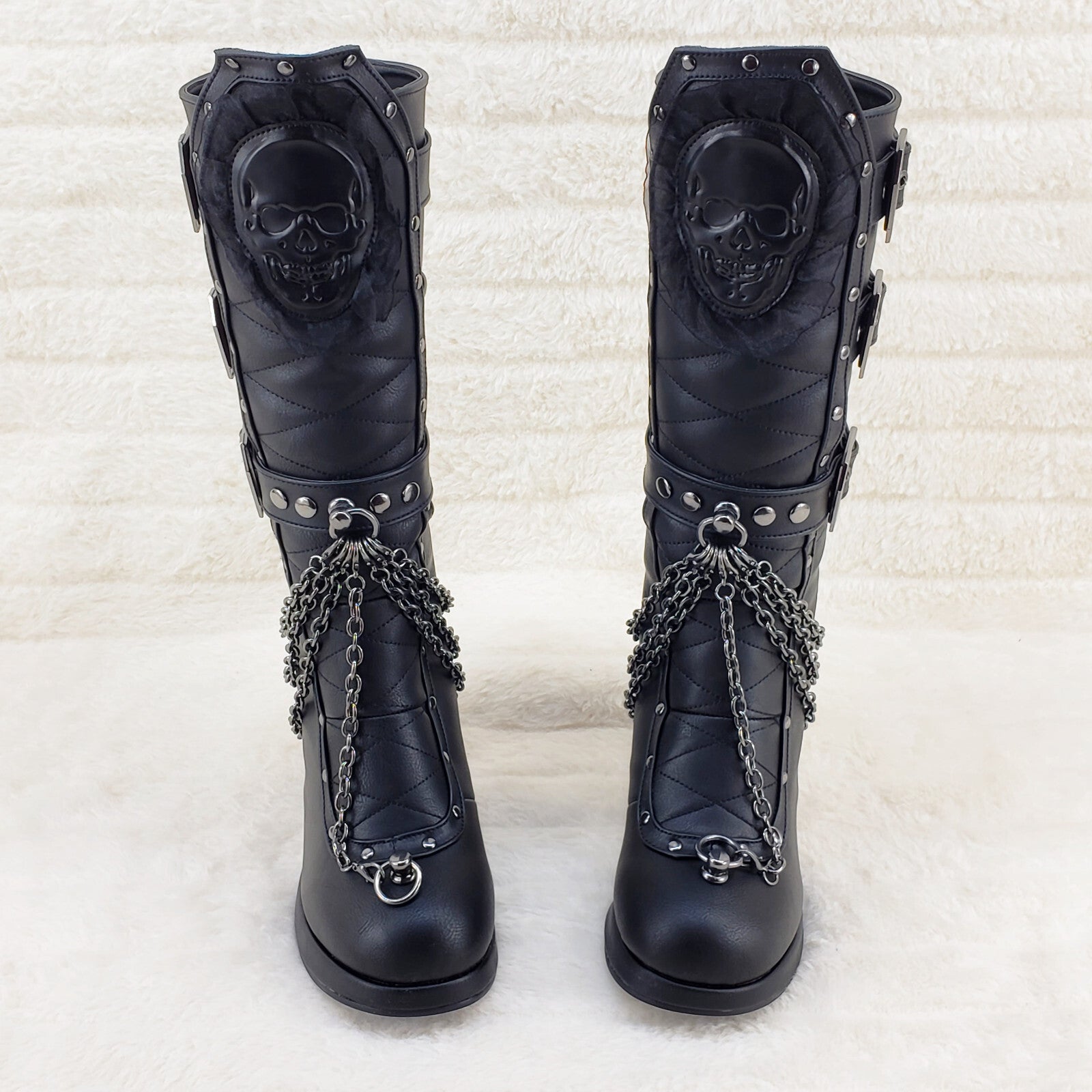 Crypto 67 Coffin Skull & Chain Black Mid Calf Platform Heel Gothic Boots NY