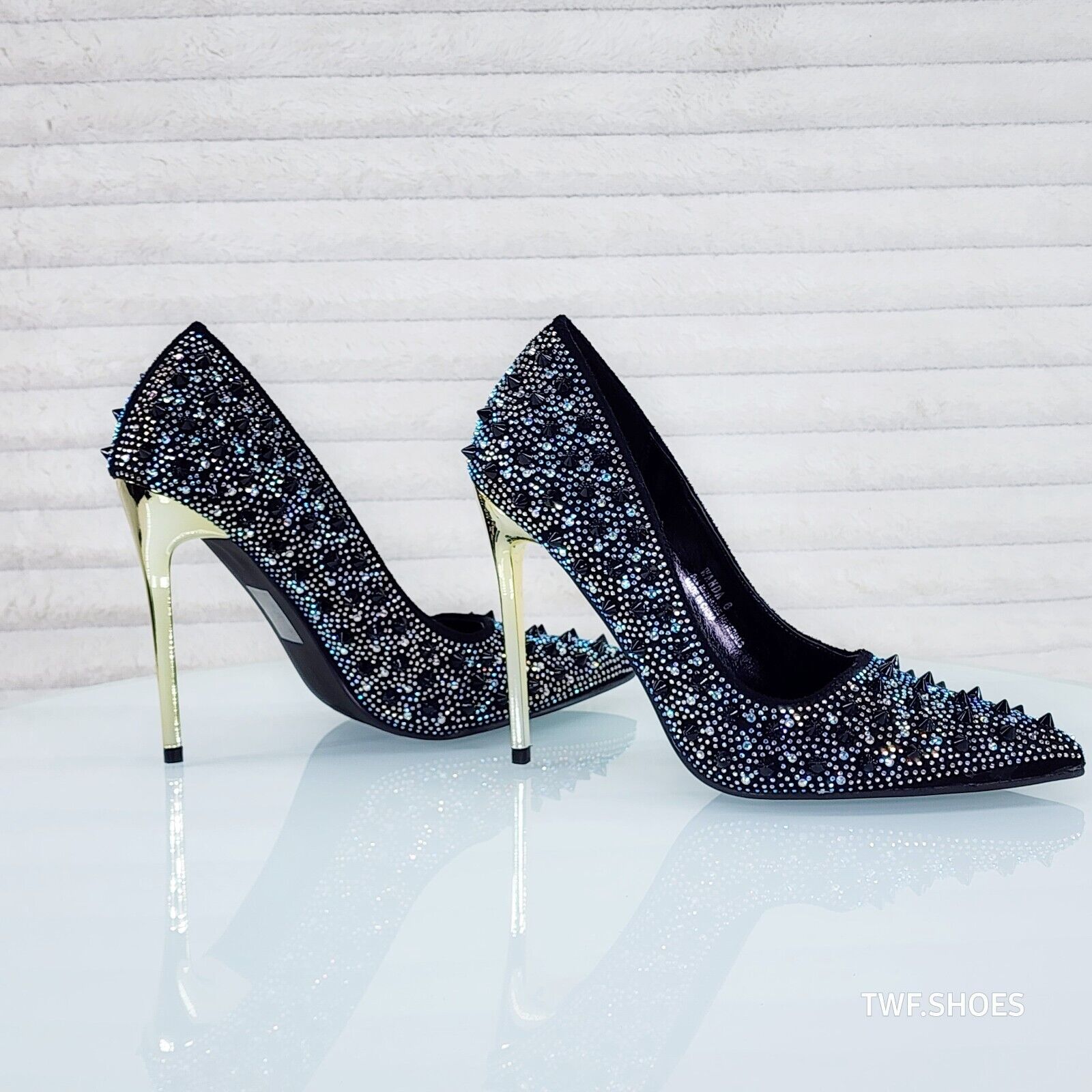 Wicked Sexy Spike Stud Iridescent Rhinestone High Heel Pump Shoes Black - Totally Wicked Footwear