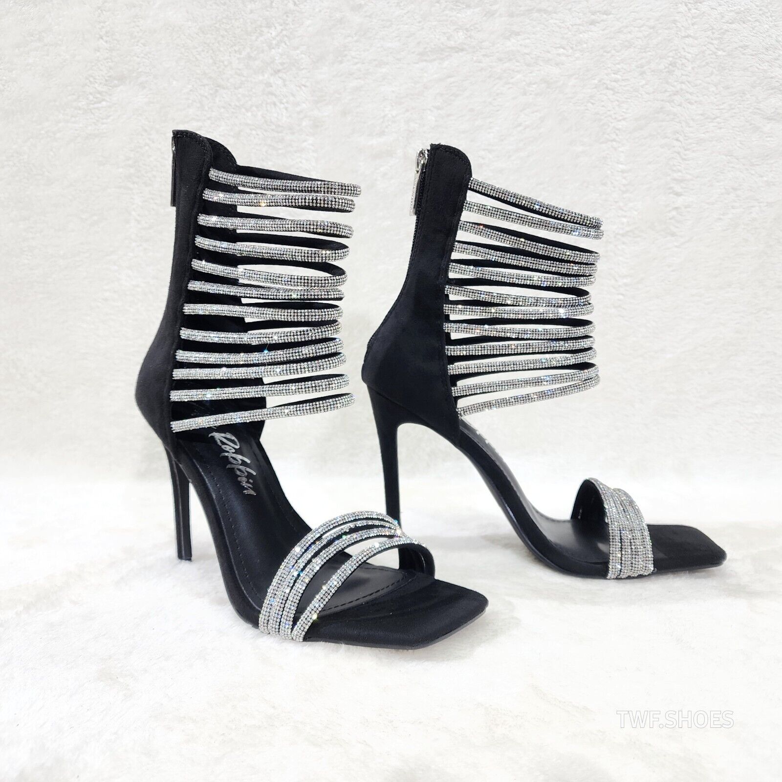 Sparked Closed Back Rhinestone Rope Strap Open Square Toe Evening Heels Shoes - Totally Wicked Footwear