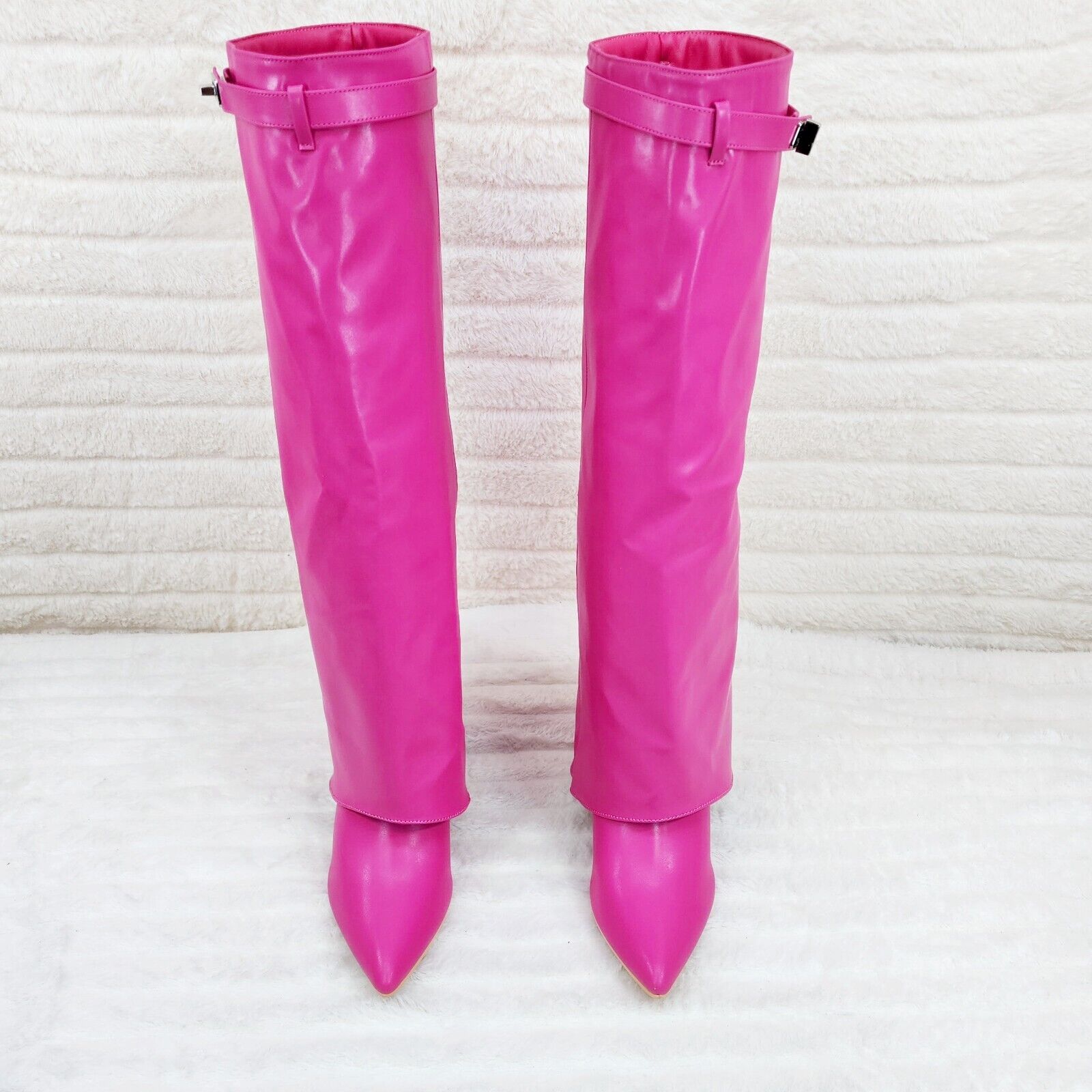 Paris Fuchsia Pink Skirted Fold Over 3.5" Block Heel Knee High Boots - Totally Wicked Footwear