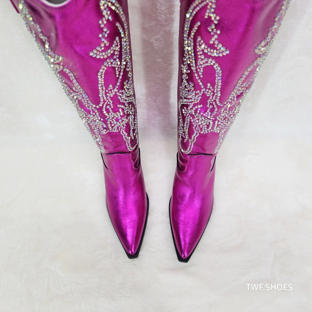 Razzle Metallic Pink Fuchsia Country Western Cowgirl Knee Boot Rhinestone Dazzle - Totally Wicked Footwear