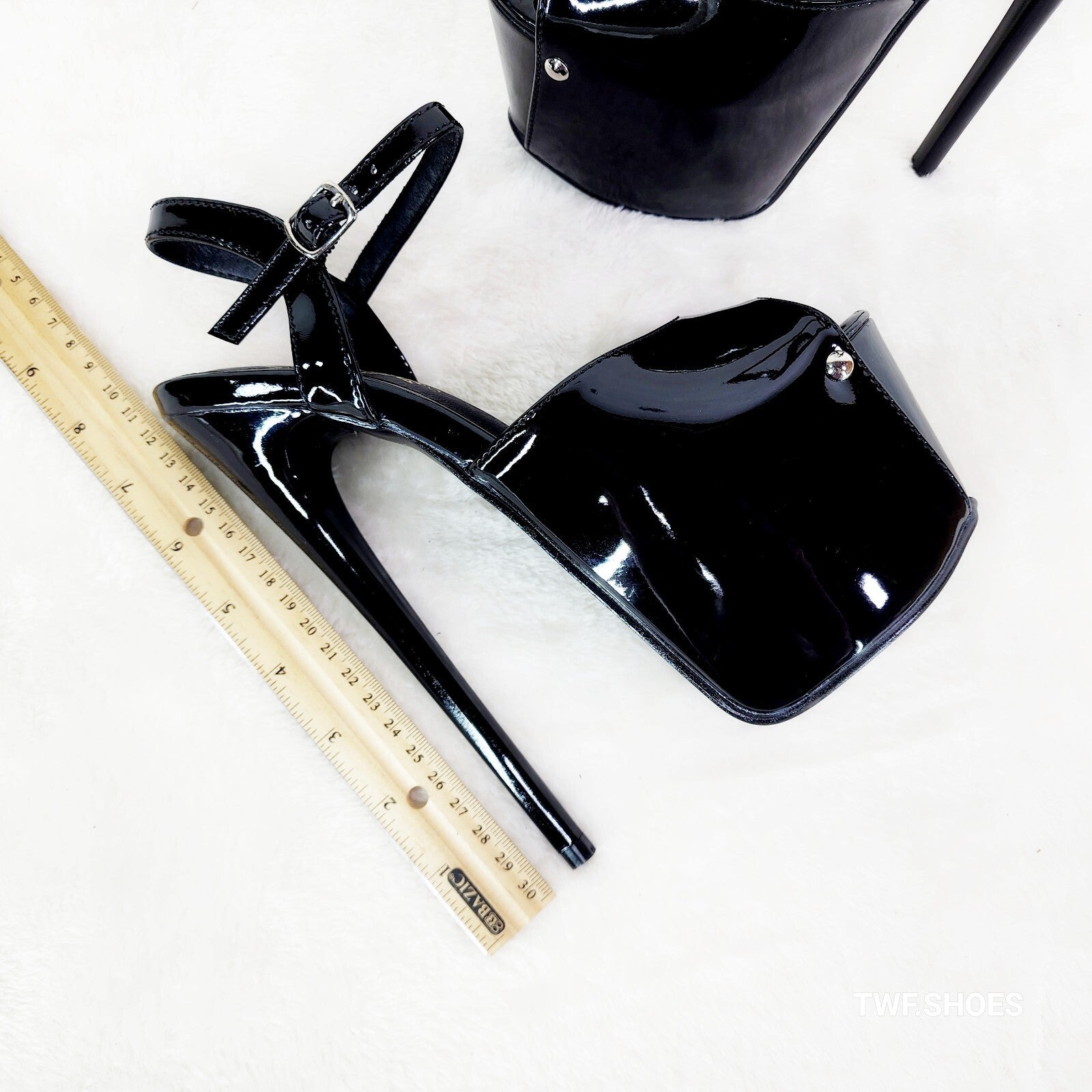 Juicy 9 Black Patent Slim 7" Stiletto Platform Ankle Strap High Heel Shoes