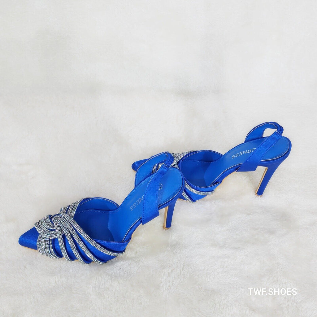 Elegance Slip on Slingback Blue Satin Rhinestone Pointy Toe High Heels Shoes