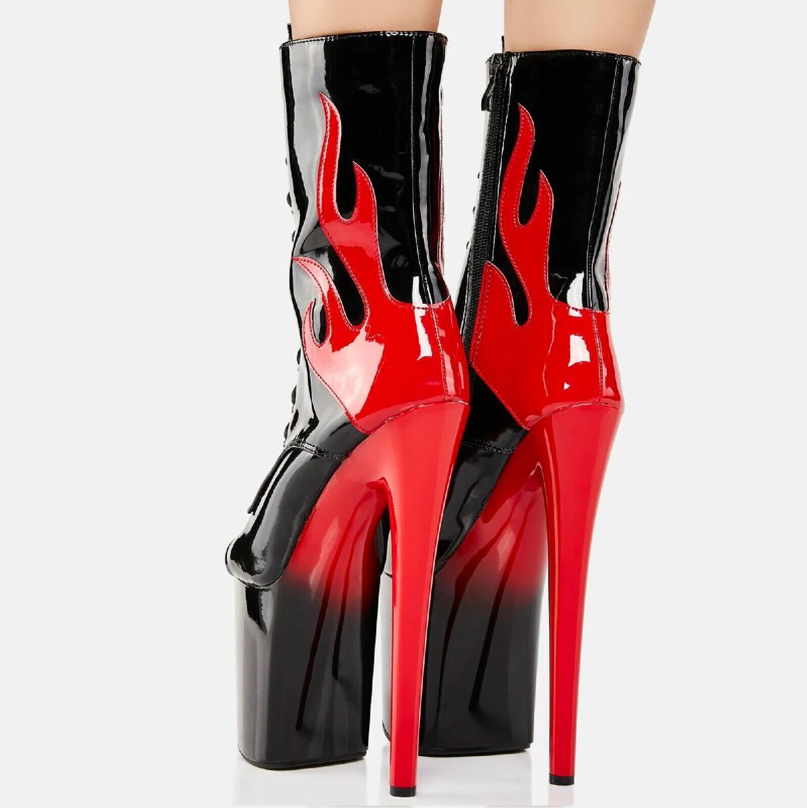 Bulls Black Patent Open Toe Red Flame Platform High Heel Mid Calf Boots - Totally Wicked Footwear